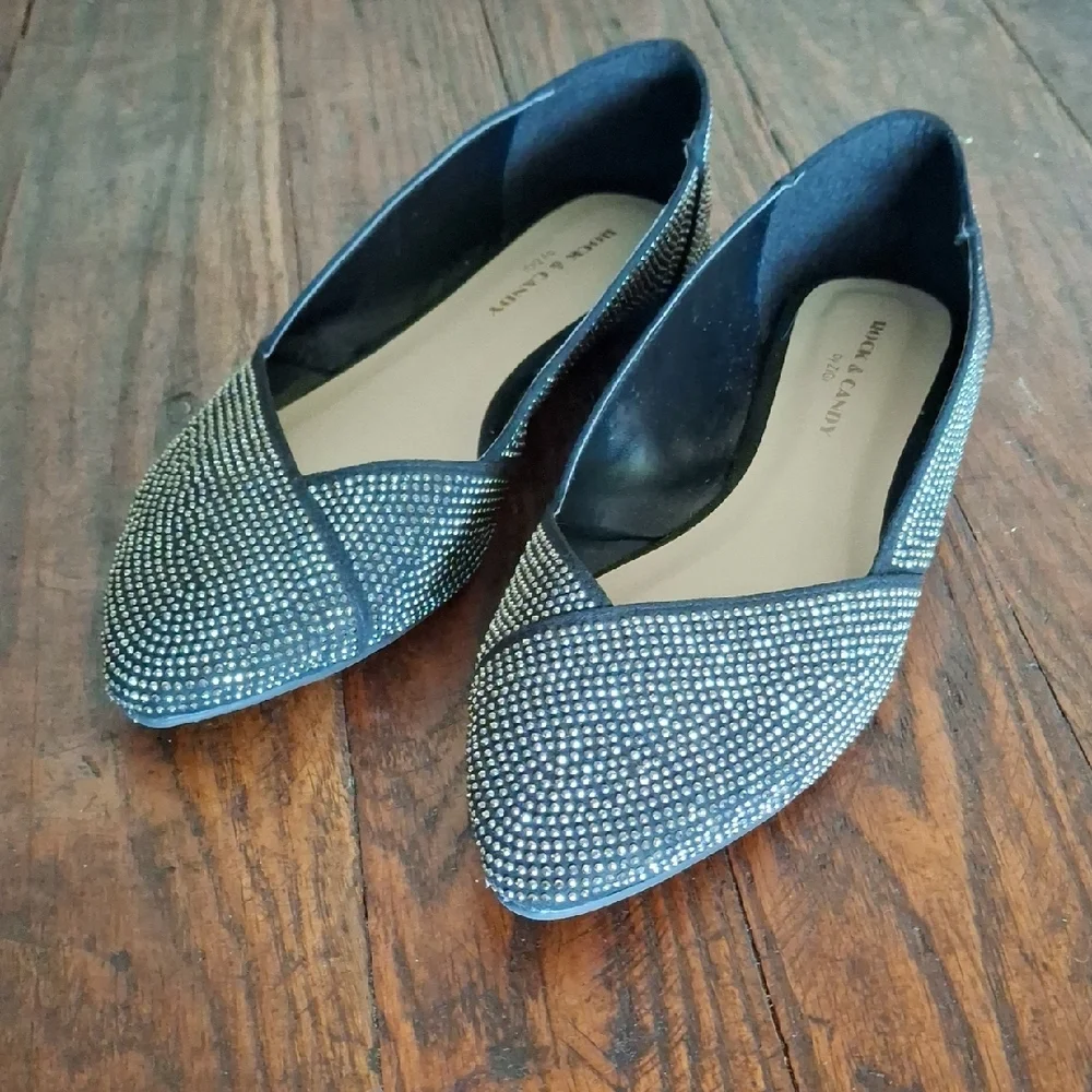 Rock & Candy Black Pointed Flats with Crystal Embellished Vamp